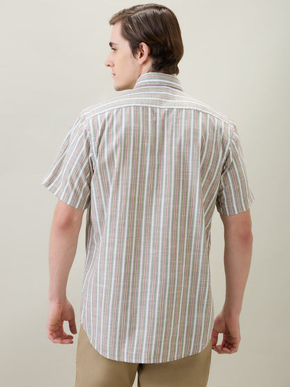 Colorplus Men Green Stripe Regular Fit Cotton Half Sleeve Casual Shirt