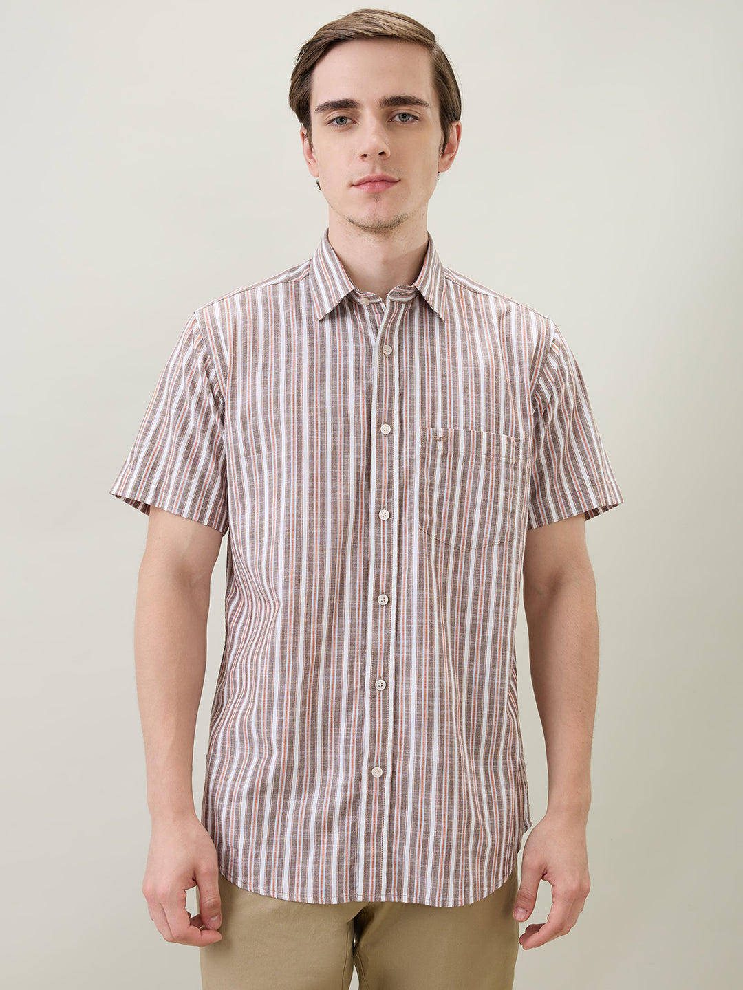 Colorplus Men Brown Stripe Regular Fit Cotton Half Sleeve Casual Shirt