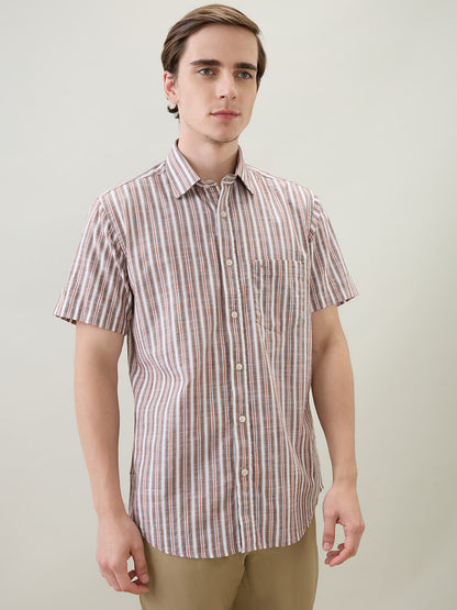 Colorplus Men Brown Stripe Regular Fit Cotton Half Sleeve Casual Shirt