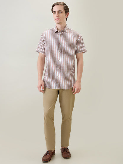 Colorplus Men Brown Stripe Regular Fit Cotton Half Sleeve Casual Shirt