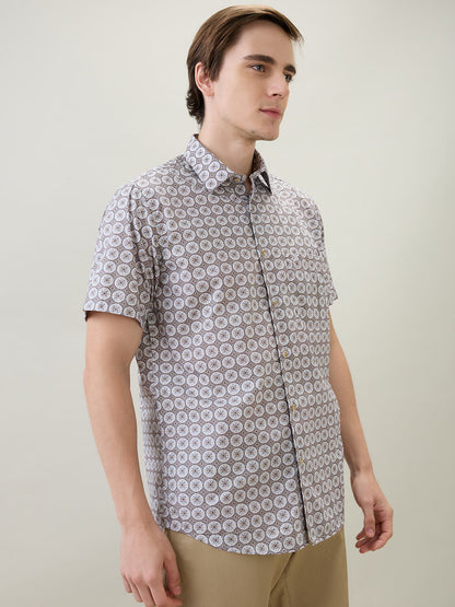 Colorplus Men Brown Printed Regular Fit Cotton Half Sleeve Casual Shirt