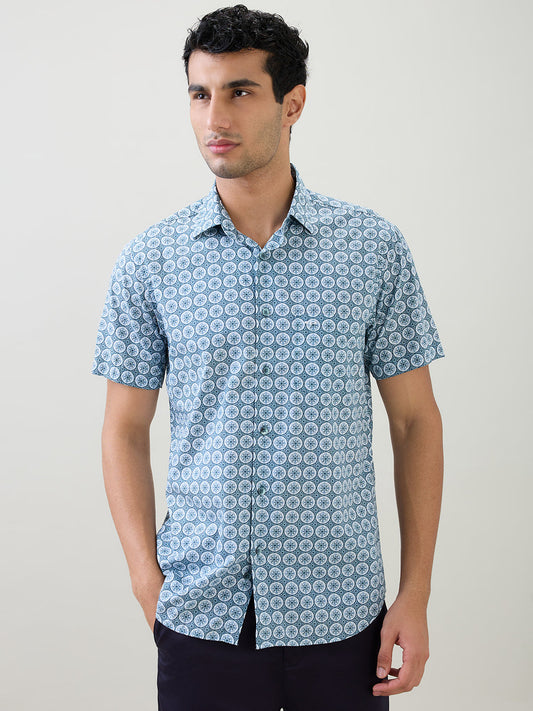 Colorplus Men Blue Printed Regular Fit Cotton Half Sleeve Casual Shirt