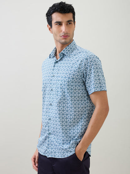 Colorplus Men Blue Printed Regular Fit Cotton Half Sleeve Casual Shirt