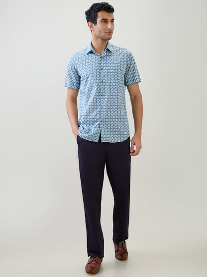 Colorplus Men Blue Printed Regular Fit Cotton Half Sleeve Casual Shirt
