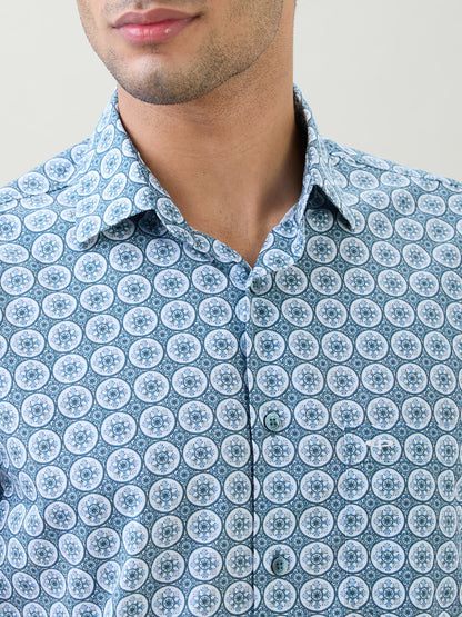 Colorplus Men Blue Printed Regular Fit Cotton Half Sleeve Casual Shirt
