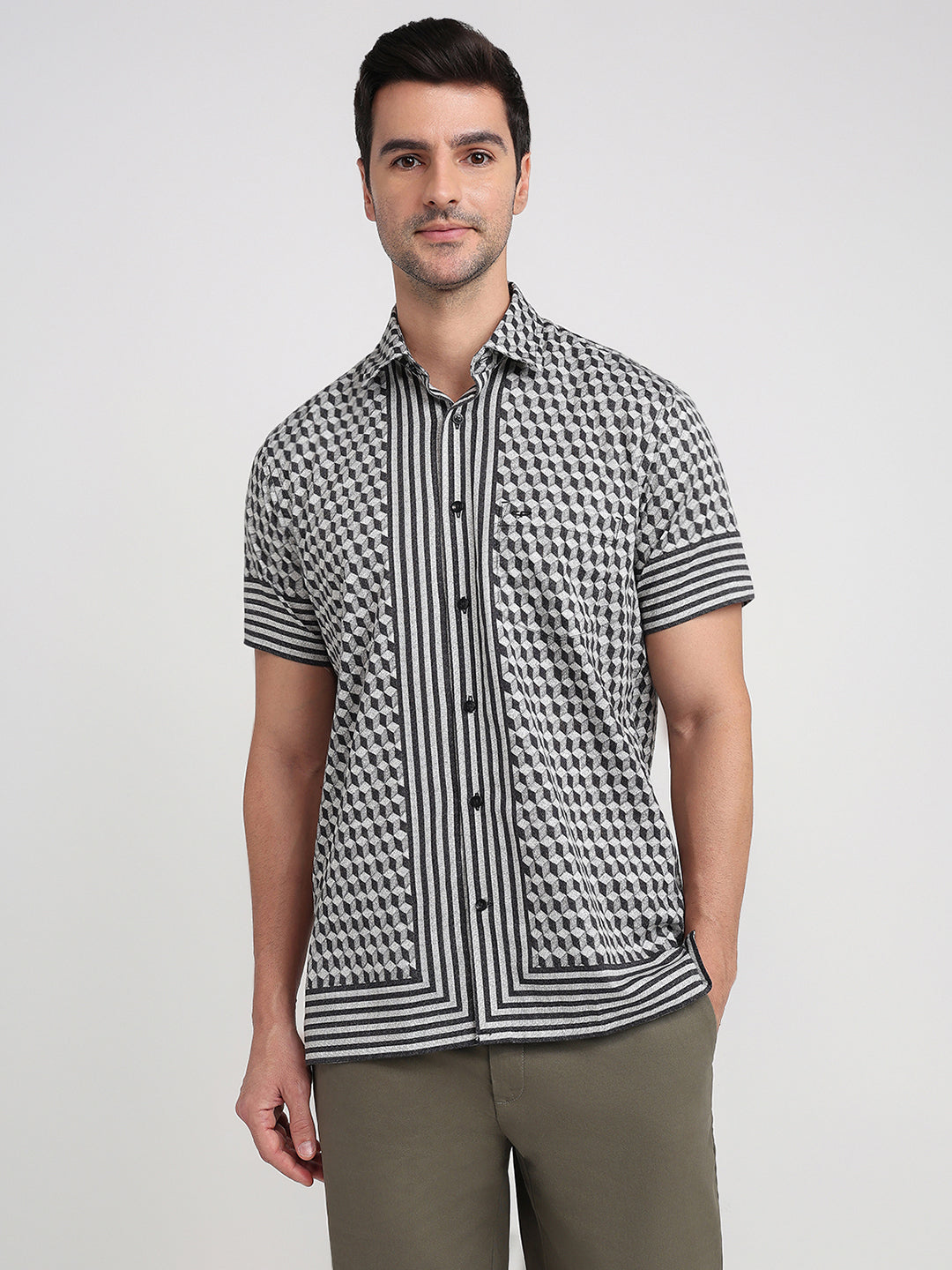Colorplus Men Black Printed Regular Fit Cotton Half Sleeve Casual Shirt