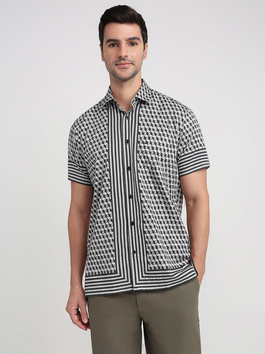 Colorplus Men Black Printed Regular Fit Cotton Half Sleeve Casual Shirt