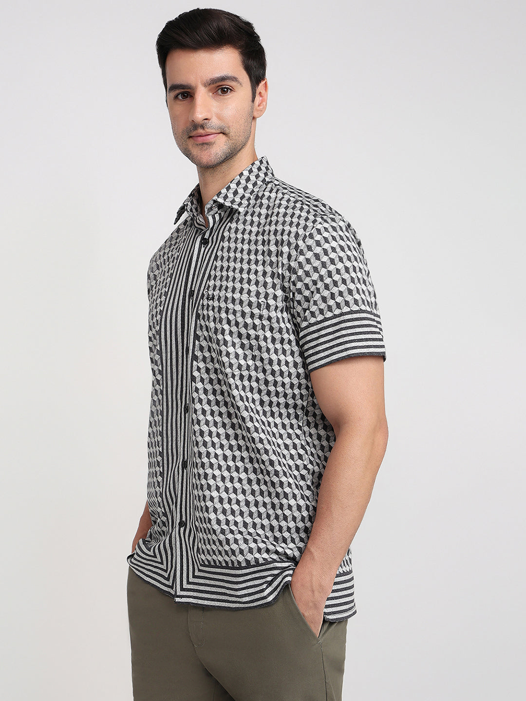 Colorplus Men Black Printed Regular Fit Cotton Half Sleeve Casual Shirt