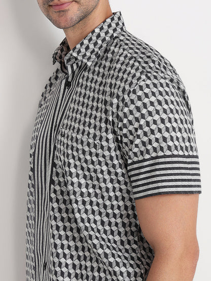 Colorplus Men Black Printed Regular Fit Cotton Half Sleeve Casual Shirt