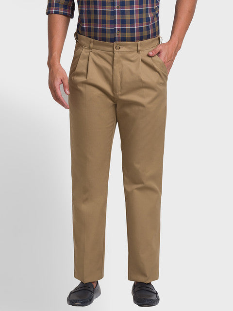 Colorplus Men Brown Solid Piece Dyed Custom Fit Cotton Trouser