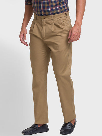 Colorplus Men Brown Solid Piece Dyed Custom Fit Cotton Trouser