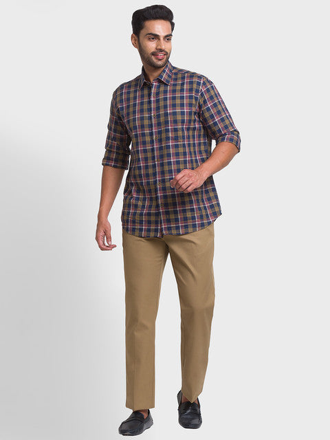 Colorplus Men Brown Solid Piece Dyed Custom Fit Cotton Trouser