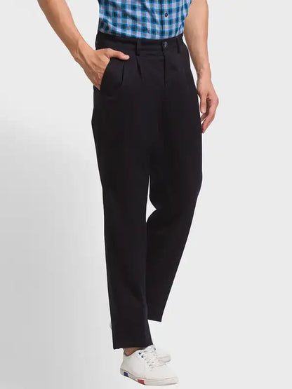 Men Black Custom Fit Solid Piece Dyed Cotton Trouser