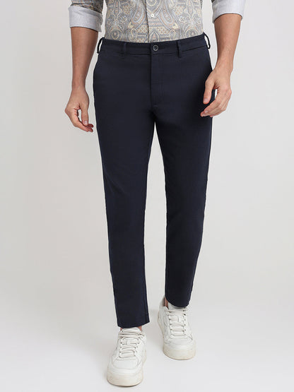 Colorplus Men Blue Dobby Tapered Fit Cotton Blend Trouser