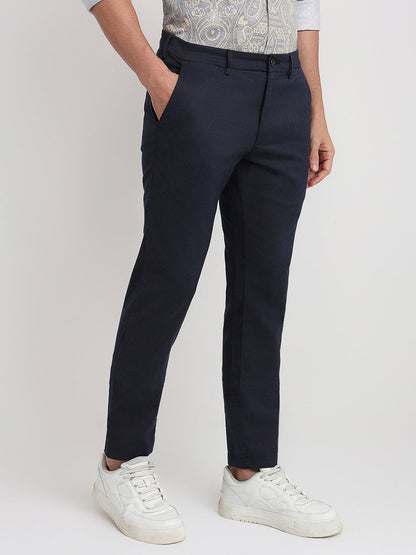Colorplus Men Blue Dobby Tapered Fit Cotton Blend Trouser
