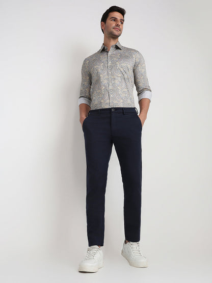 Colorplus Men Blue Dobby Tapered Fit Cotton Blend Trouser