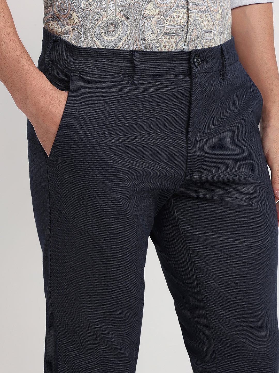 Colorplus Men Blue Dobby Tapered Fit Cotton Blend Trouser