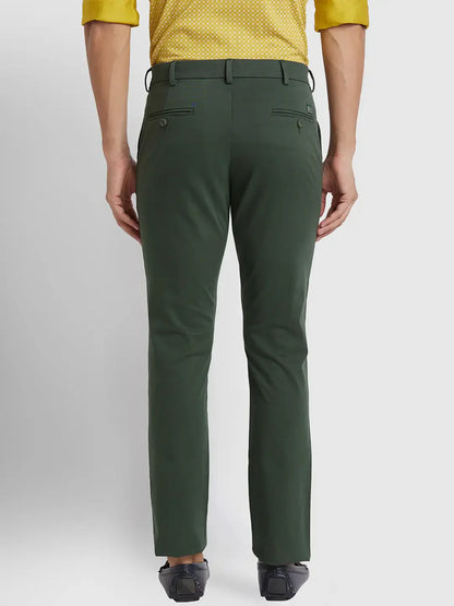 Men Green Slim Fit Solid Piece Dyed Cotton Blend Trouser