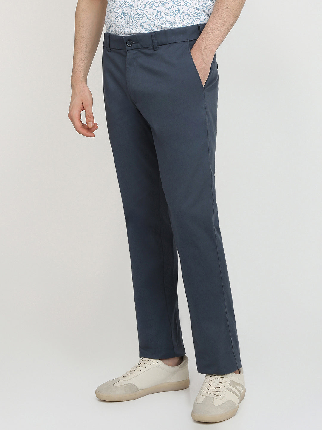 Colorplus Men Blue Dobby Slim Fit Cotton Blend Trouser