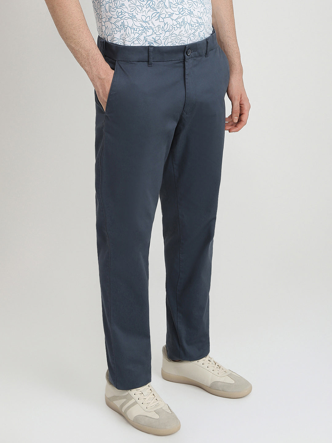 Colorplus Men Blue Dobby Slim Fit Cotton Blend Trouser