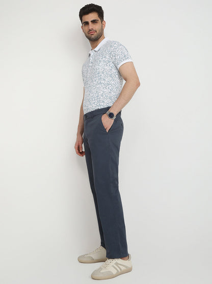 Colorplus Men Blue Dobby Slim Fit Cotton Blend Trouser