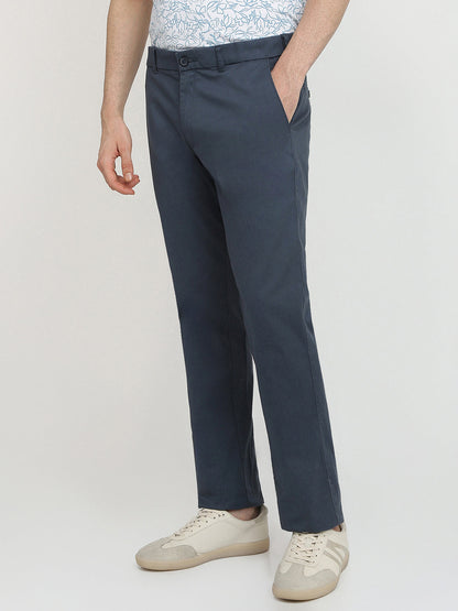 Colorplus Men Blue Dobby Slim Fit Cotton Blend Trouser
