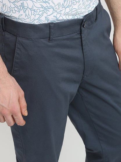 Colorplus Men Blue Dobby Slim Fit Cotton Blend Trouser