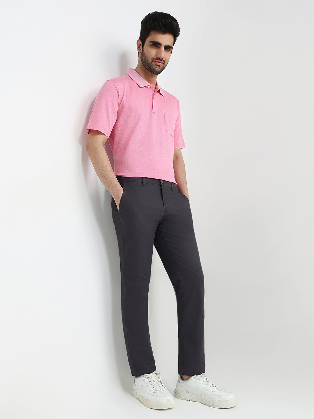 Colorplus Men Grey Twill Slim Fit Cotton Blend Trouser