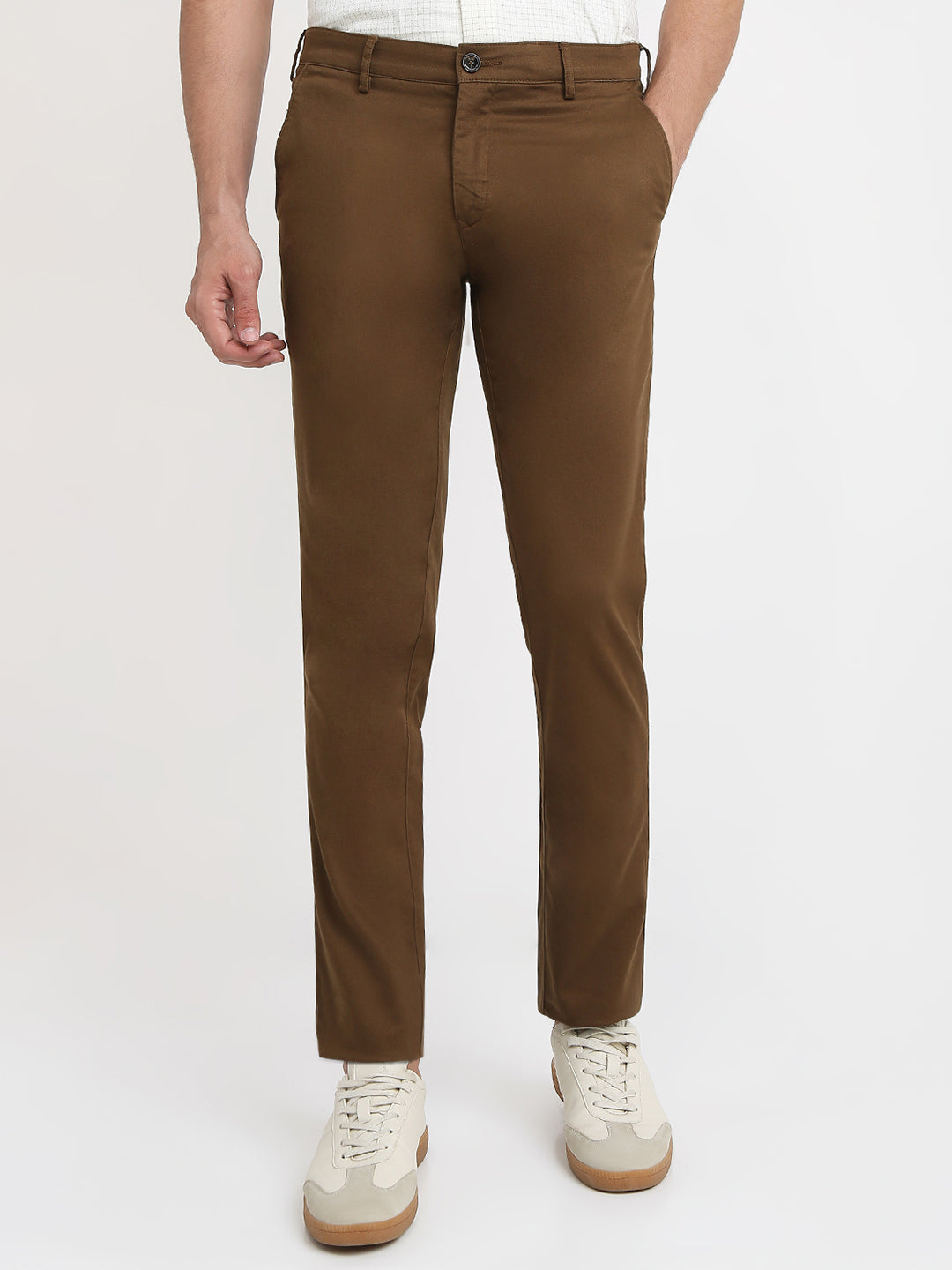 Colorplus Men Brown Dobby Slim Fit Cotton Blend Trouser
