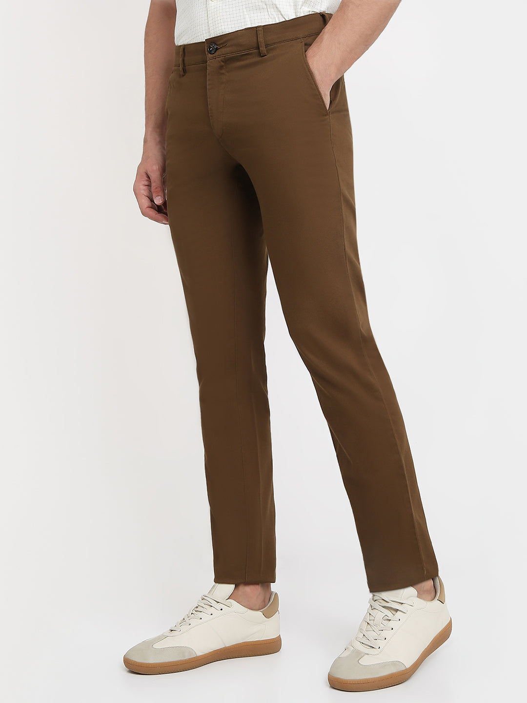Colorplus Men Brown Dobby Slim Fit Cotton Blend Trouser