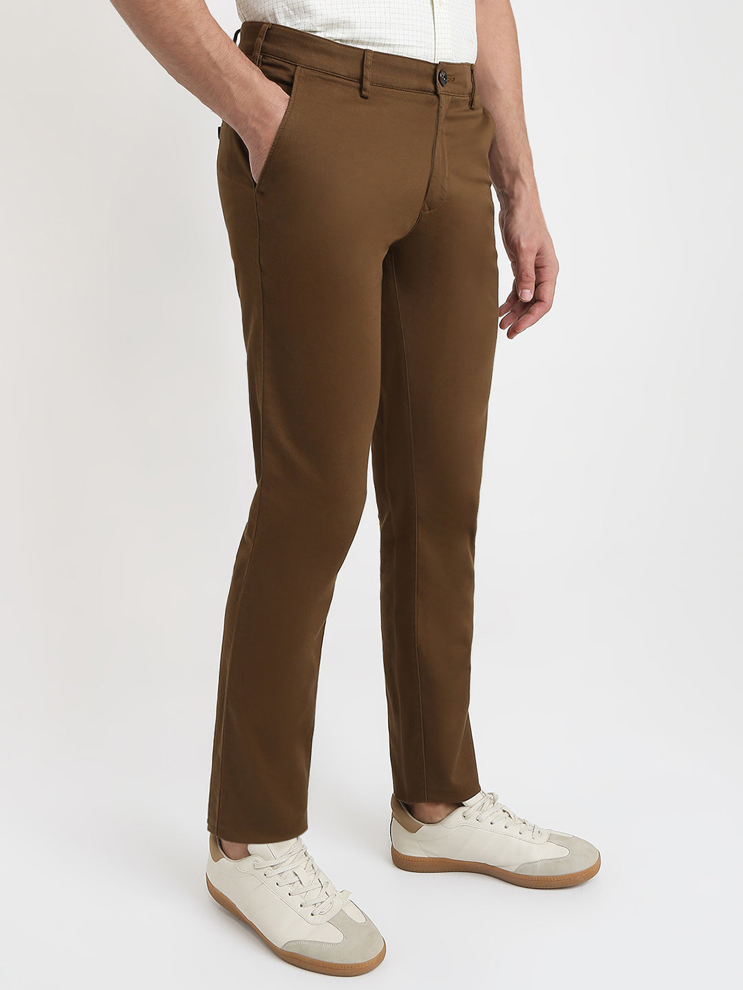 Colorplus Men Brown Dobby Slim Fit Cotton Blend Trouser