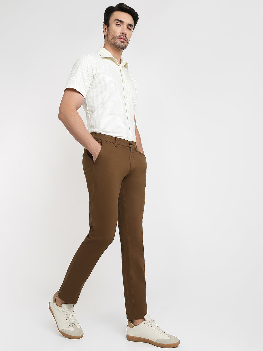 Colorplus Men Brown Dobby Slim Fit Cotton Blend Trouser
