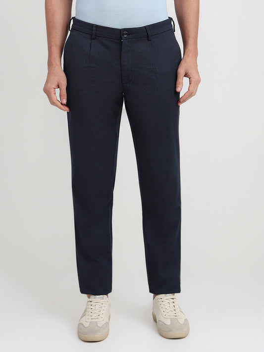 Colorplus Men Blue Dobby Slim Fit Cotton Blend Trouser