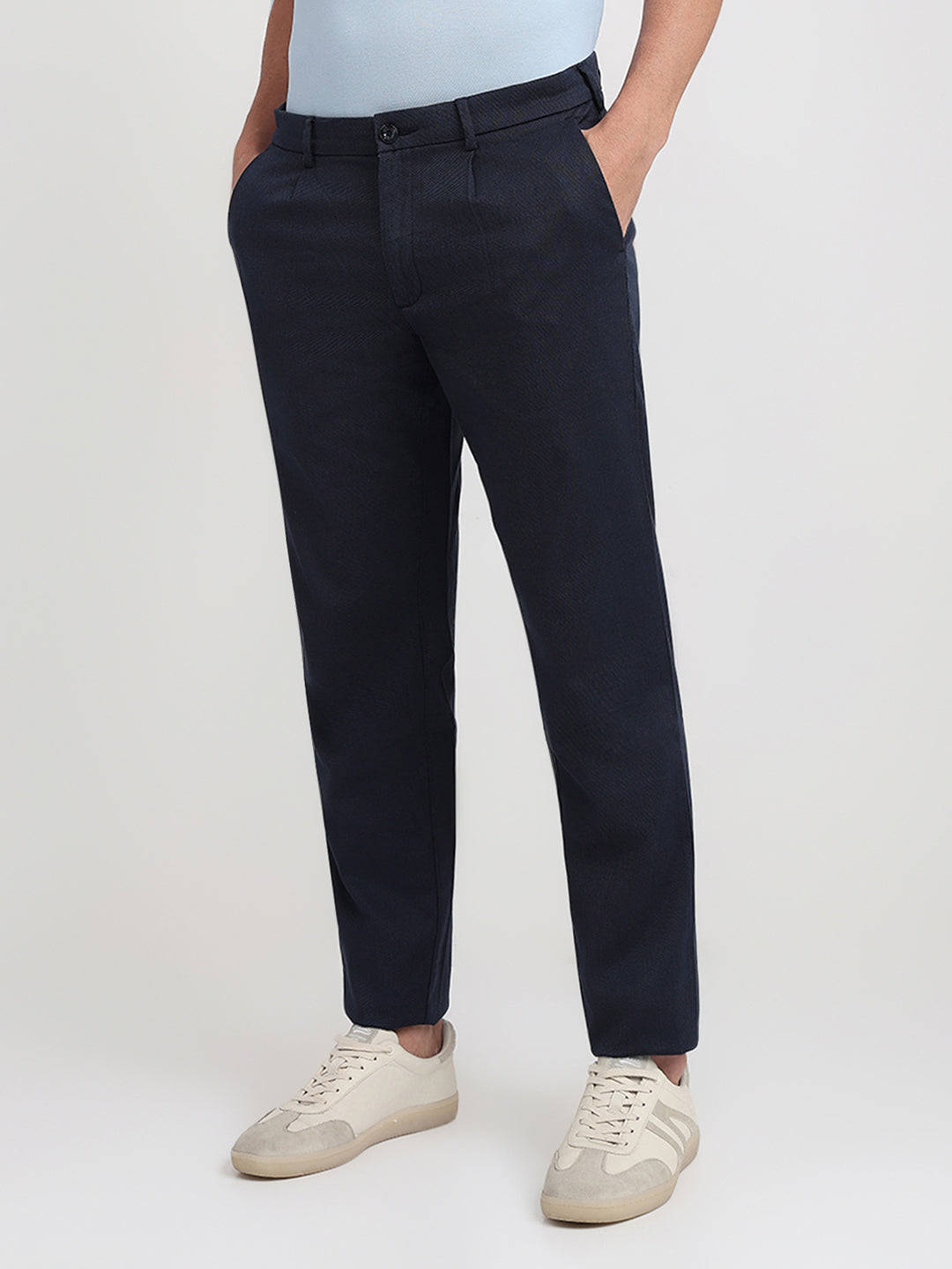 Colorplus Men Blue Dobby Slim Fit Cotton Blend Trouser