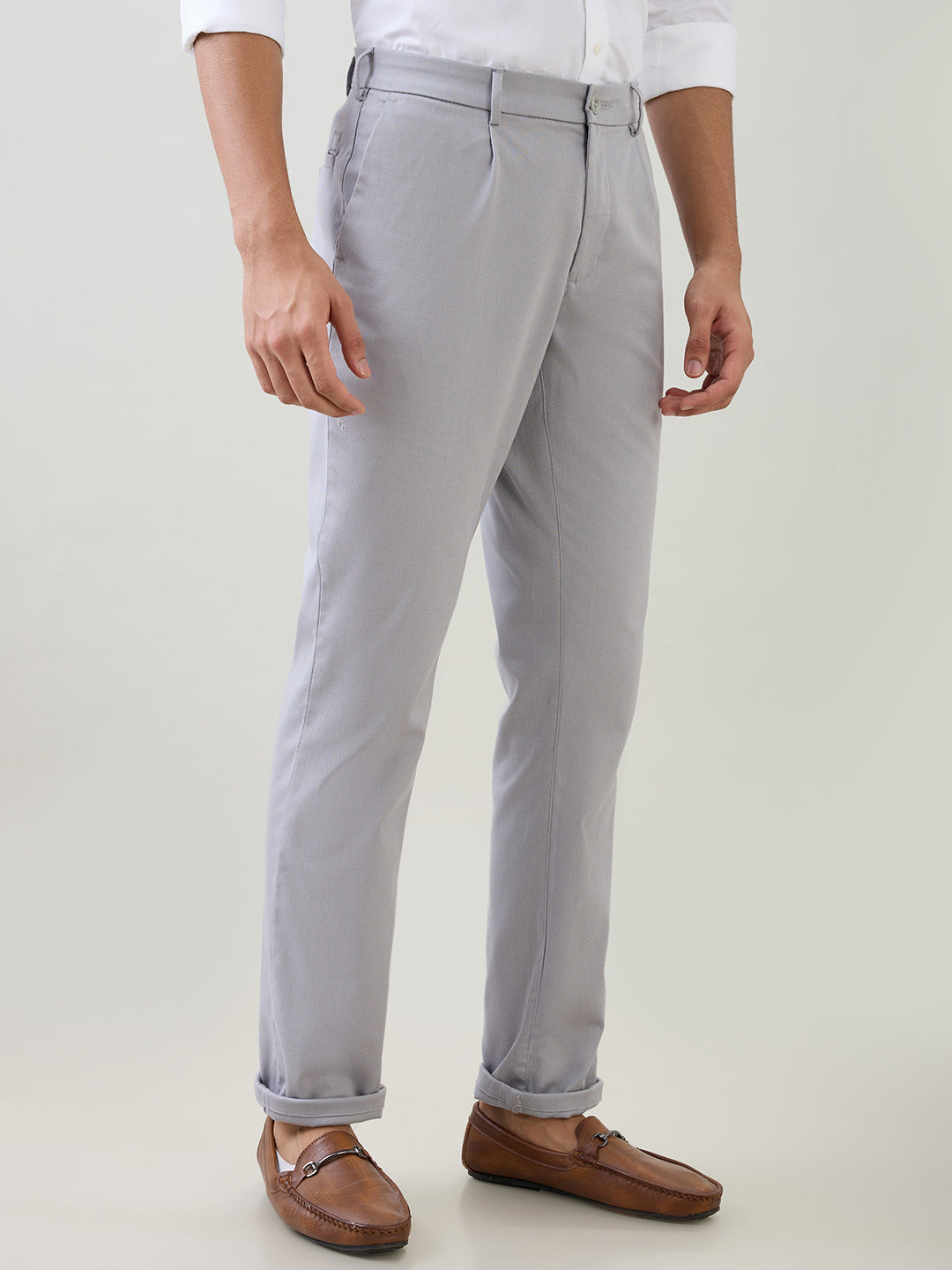 Colorplus Men Grey Dobby Slim Fit Cotton Blend Trouser