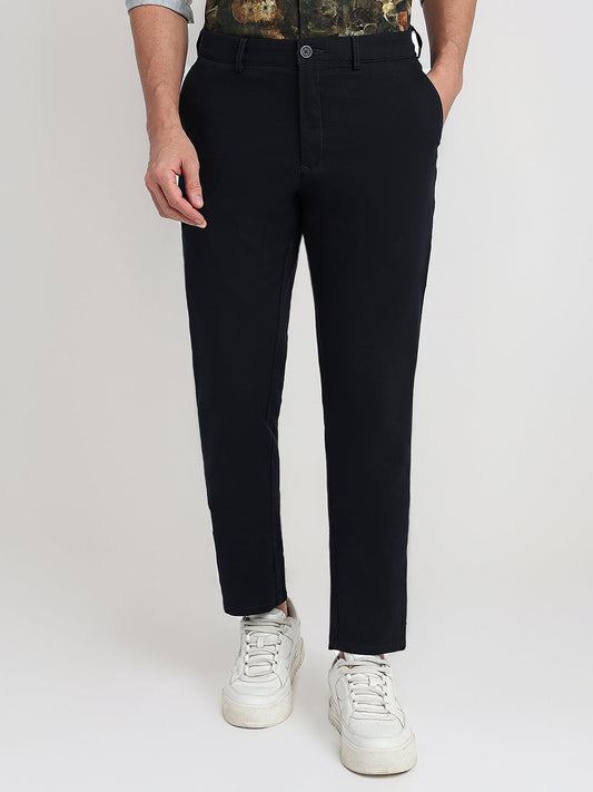 Colorplus Men Blue Dobby Slim Fit Cotton Blend Trouser