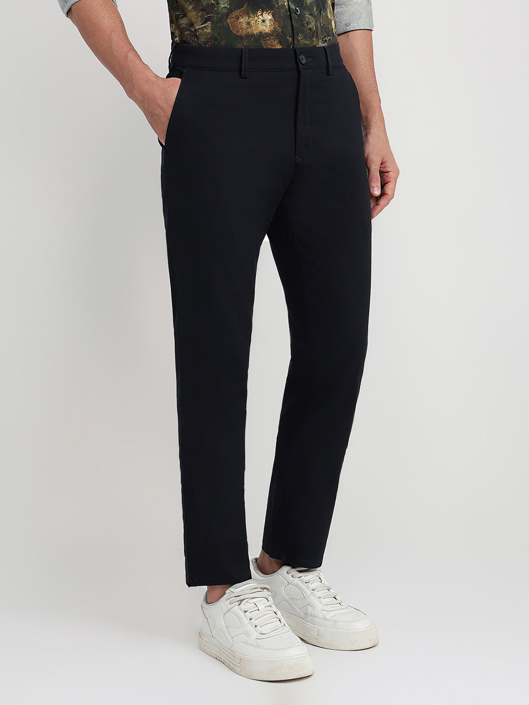 Colorplus Men Blue Dobby Slim Fit Cotton Blend Trouser