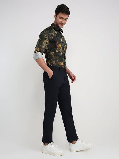 Colorplus Men Blue Dobby Slim Fit Cotton Blend Trouser