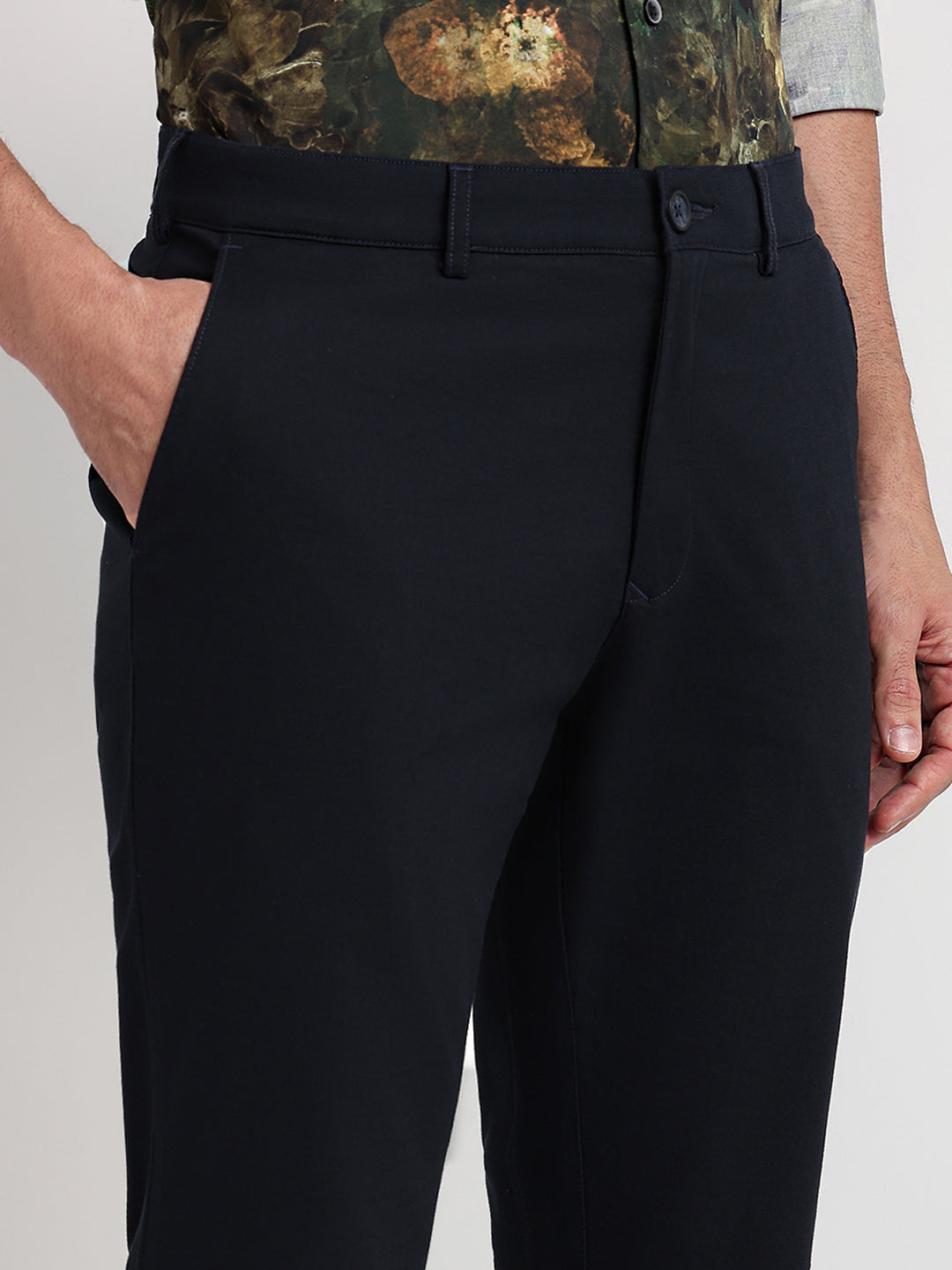 Colorplus Men Blue Dobby Slim Fit Cotton Blend Trouser