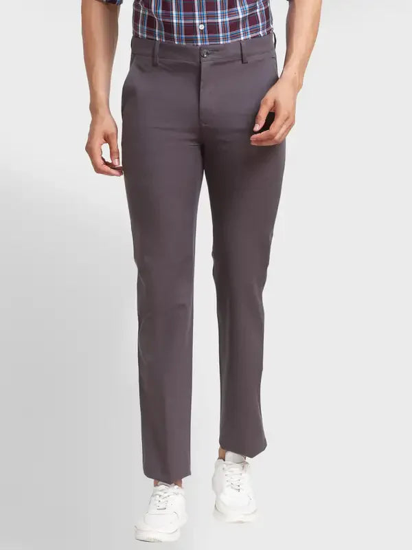 Men Grey Tailored Fit Solid Piece Dyed Cotton Blend Trouser