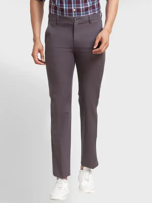Men Grey Tailored Fit Solid Piece Dyed Cotton Blend Trouser