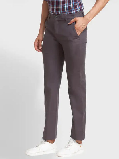 Men Grey Tailored Fit Solid Piece Dyed Cotton Blend Trouser