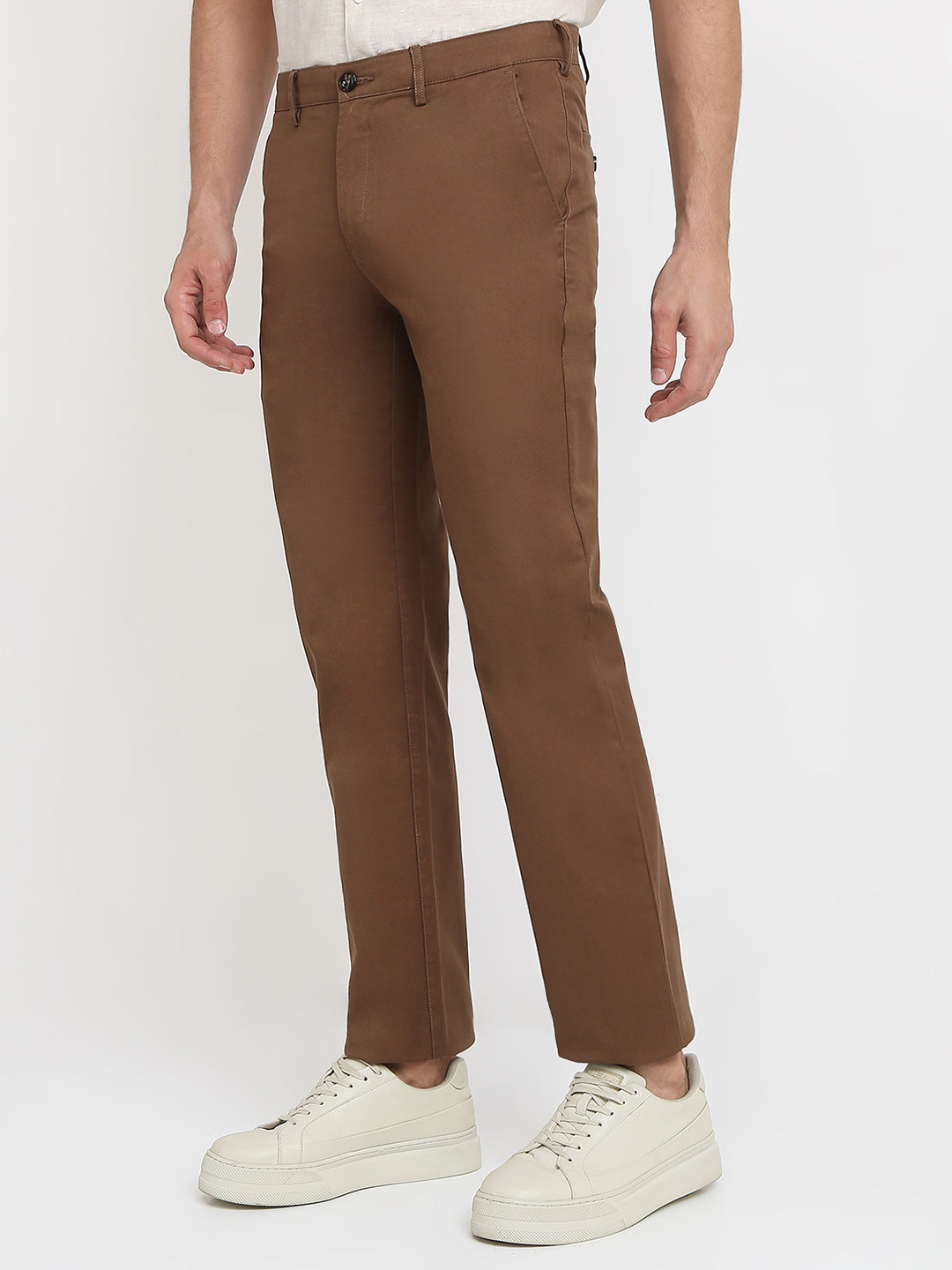 Colorplus Men Brown Dobby Regular Fit Cotton Blend Trouser
