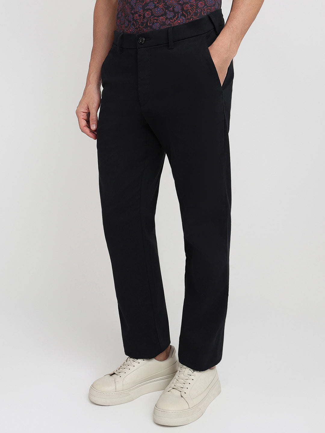 Colorplus Men Black Twill Regular Fit Cotton Blend Trouser