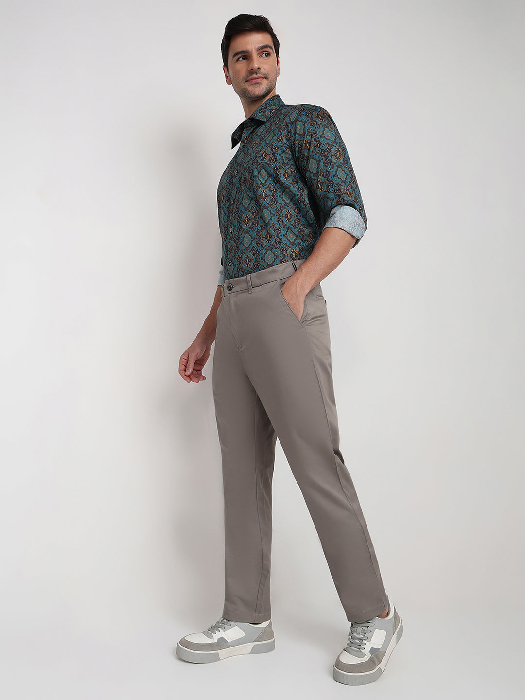 Colorplus Men Grey Twill Regular Fit Cotton Trouser