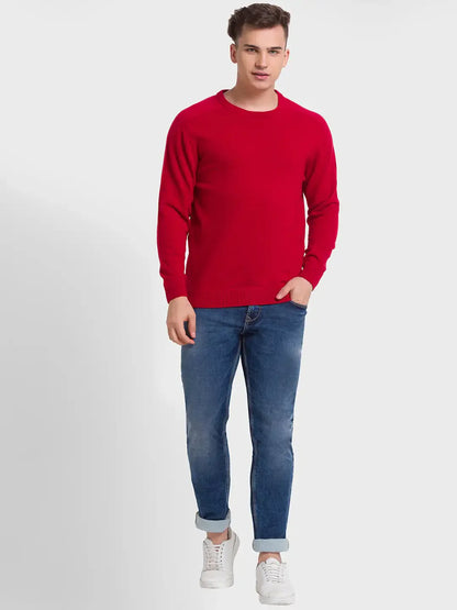 Men Red Tailored Fit Solid Wool Blend Full Sleeve V Neck Collar Sweaters