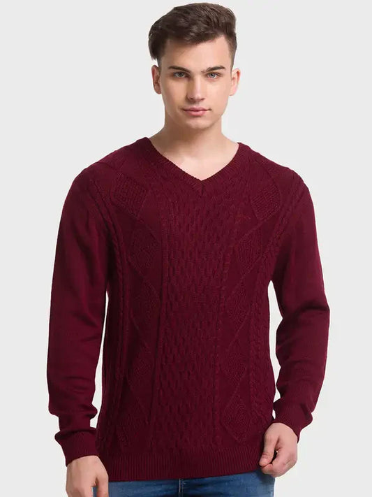 Men Red Tailored Fit Structure Acrylic Merino Blend Full Sleeve V Neck Collar Sweaters