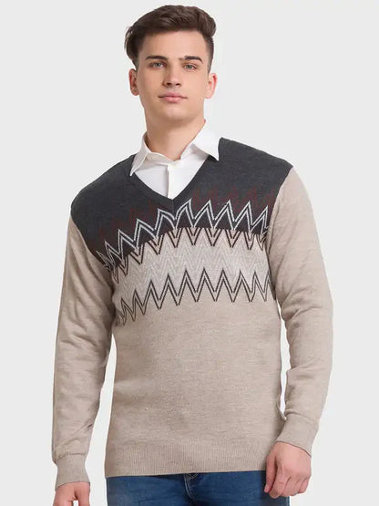 Men Fawn Tailored Fit Jacquard Acrylic Merino Blend Full Sleeve V Neck Collar Sweaters