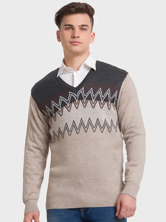 Men Fawn Tailored Fit Jacquard Acrylic Merino Blend Full Sleeve V Neck Collar Sweaters