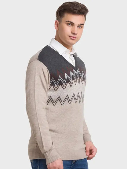 Men Fawn Tailored Fit Jacquard Acrylic Merino Blend Full Sleeve V Neck Collar Sweaters